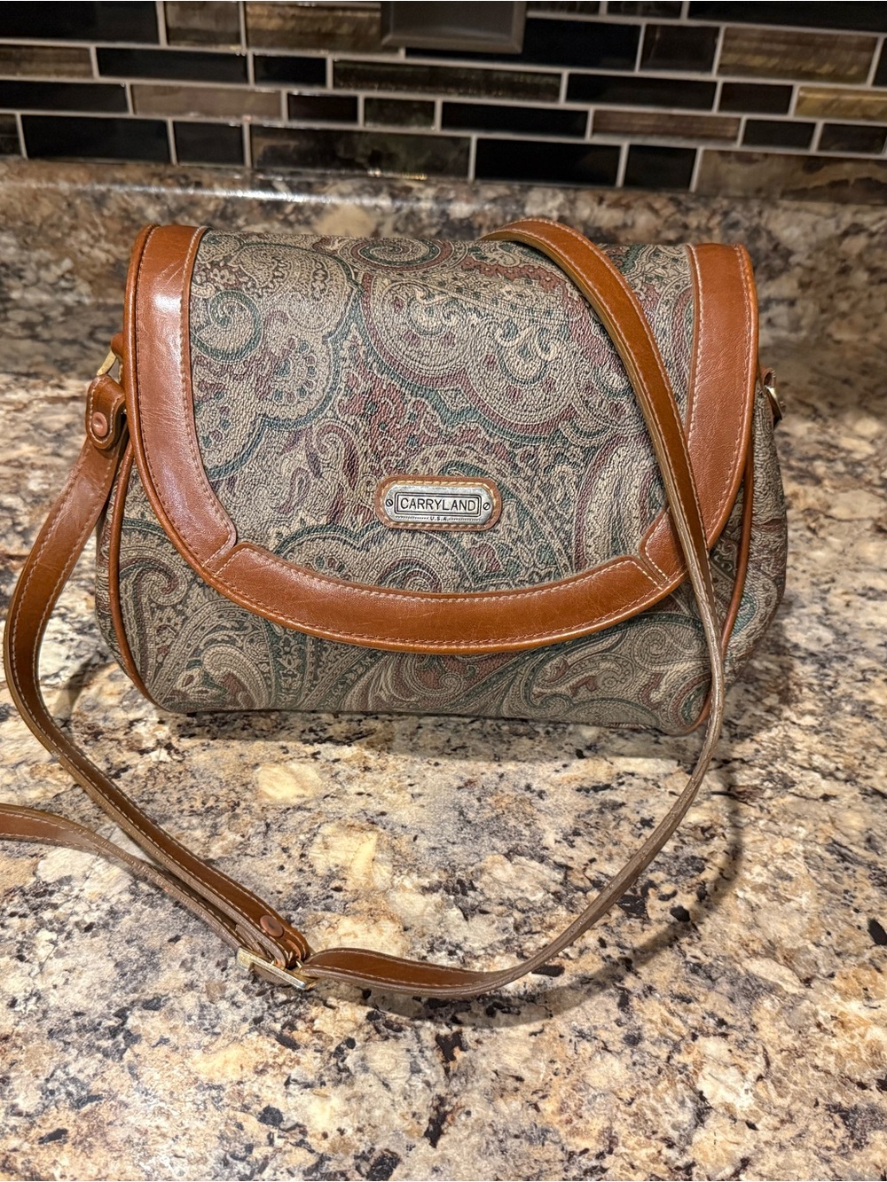 Carryland Paisley Crossbody with Brown Faux Leather Trim Snap Flap